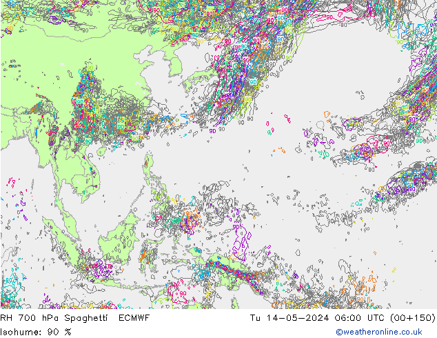 RH 700 hPa Spaghetti ECMWF Út 14.05.2024 06 UTC