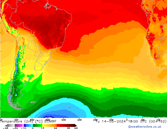 mapa temperatury (2m) ECMWF wto. 14.05.2024 18 UTC