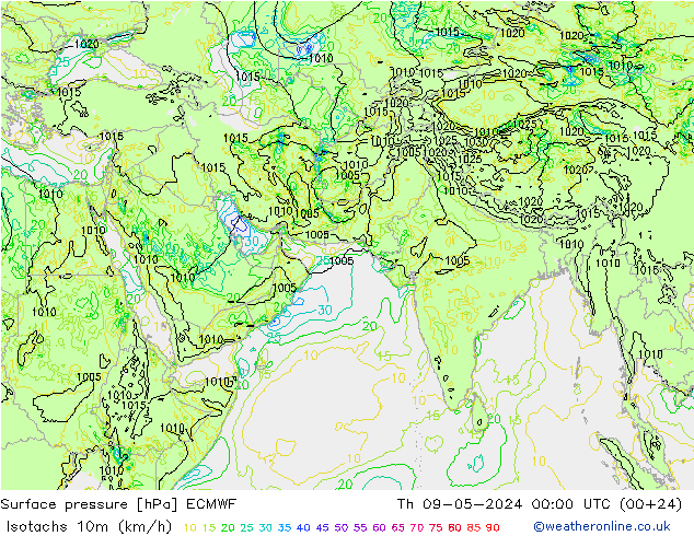 Isotachs (kph) ECMWF Th 09.05.2024 00 UTC