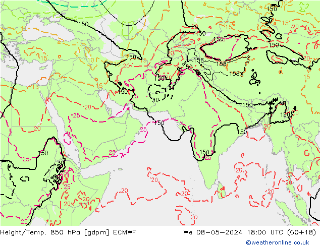 Géop./Temp. 850 hPa ECMWF mer 08.05.2024 18 UTC