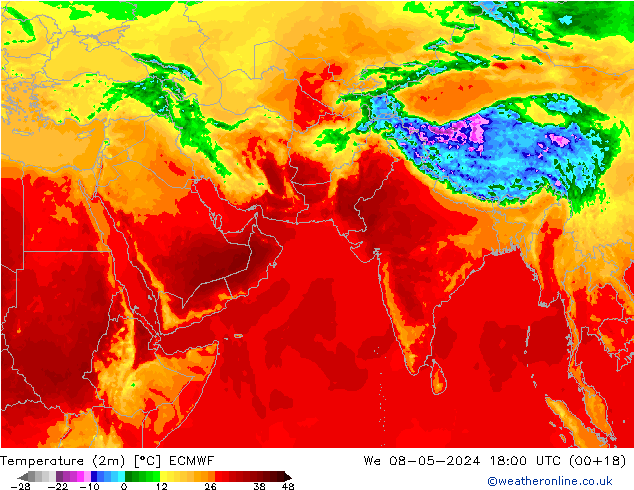 Temperatuurkaart (2m) ECMWF wo 08.05.2024 18 UTC
