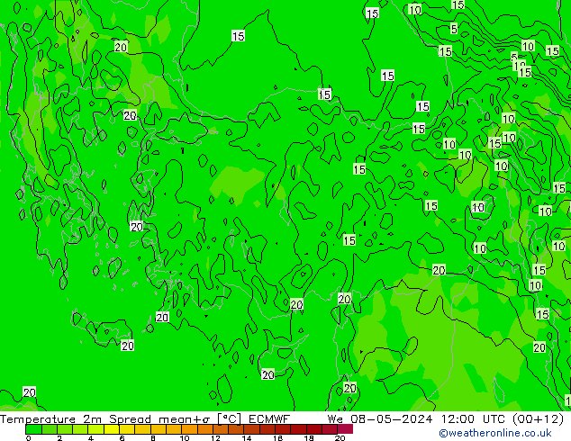 Temperatura 2m Spread ECMWF Qua 08.05.2024 12 UTC