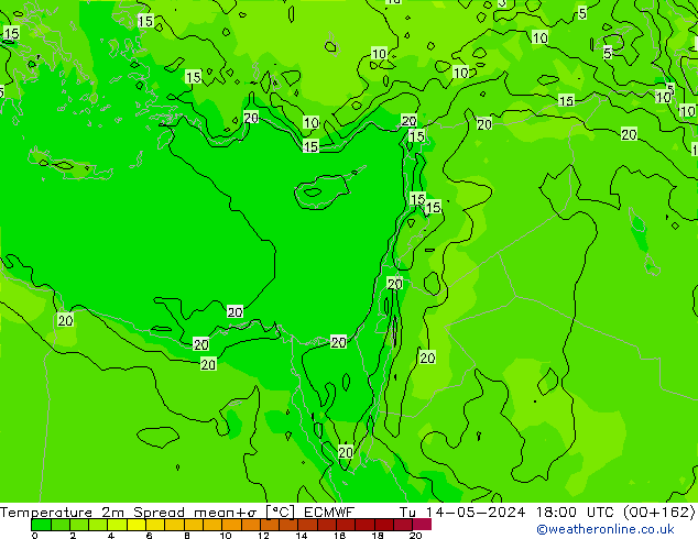 Temperature 2m Spread ECMWF Út 14.05.2024 18 UTC