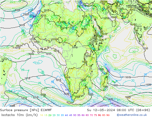 Isotachen (km/h) ECMWF zo 12.05.2024 06 UTC