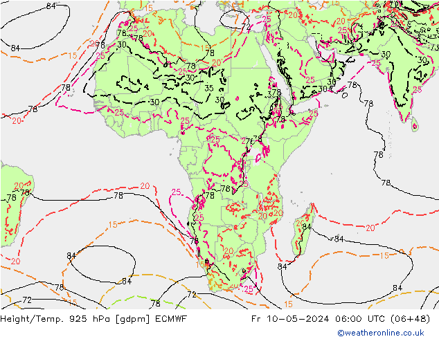 Height/Temp. 925 hPa ECMWF Fr 10.05.2024 06 UTC