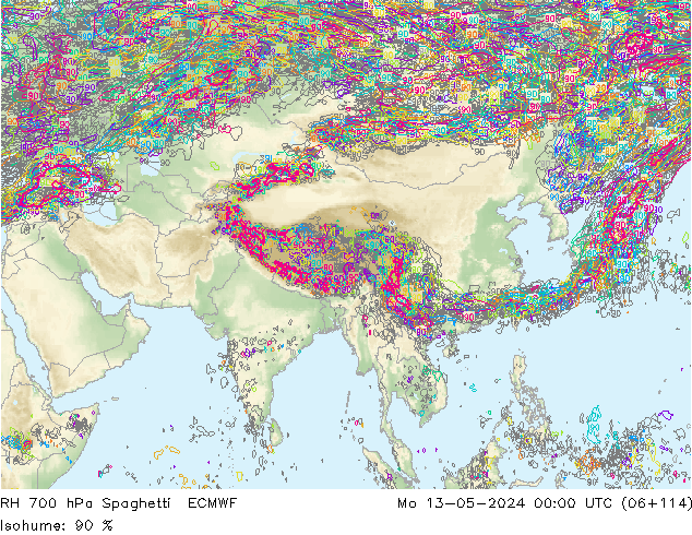 RH 700 hPa Spaghetti ECMWF Seg 13.05.2024 00 UTC