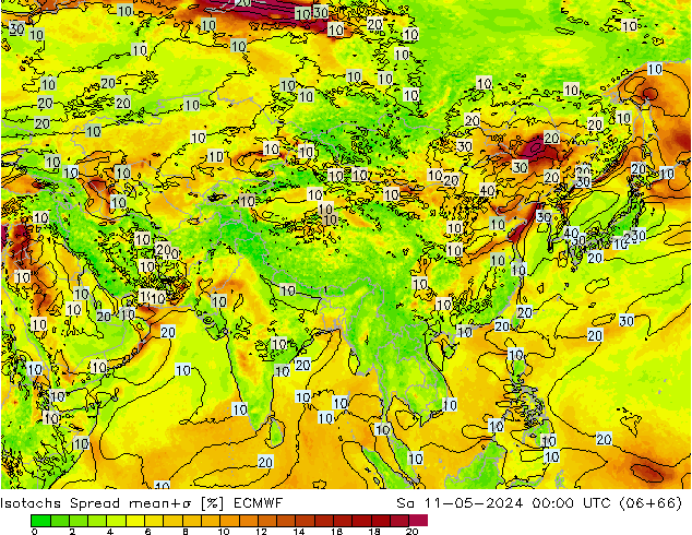 Izotacha Spread ECMWF so. 11.05.2024 00 UTC