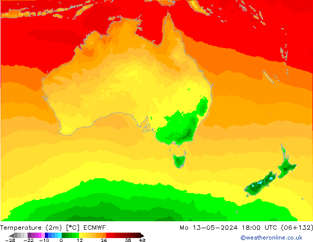 Temperature (2m) ECMWF Mo 13.05.2024 18 UTC