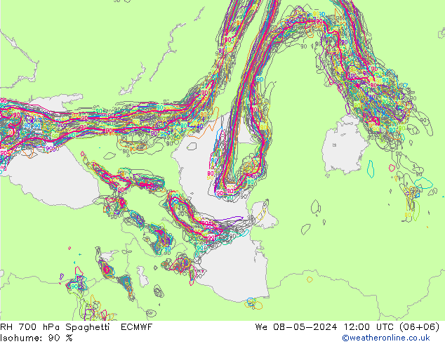 RH 700 hPa Spaghetti ECMWF We 08.05.2024 12 UTC