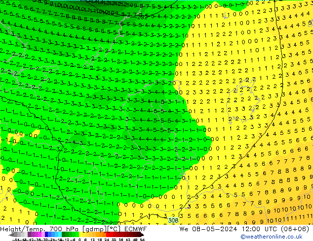 Height/Temp. 700 hPa ECMWF Qua 08.05.2024 12 UTC