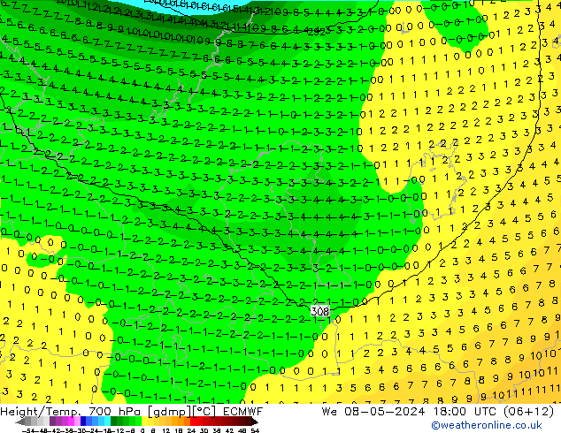 Height/Temp. 700 hPa ECMWF  08.05.2024 18 UTC