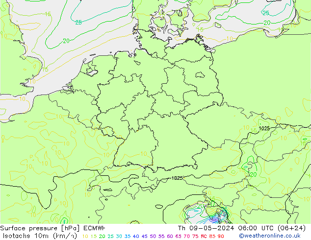 Isotachs (kph) ECMWF Čt 09.05.2024 06 UTC