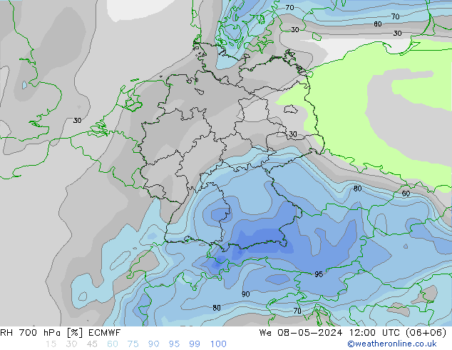 RH 700 hPa ECMWF 星期三 08.05.2024 12 UTC