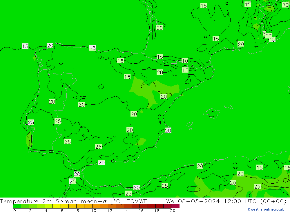 Sıcaklık Haritası 2m Spread ECMWF Çar 08.05.2024 12 UTC