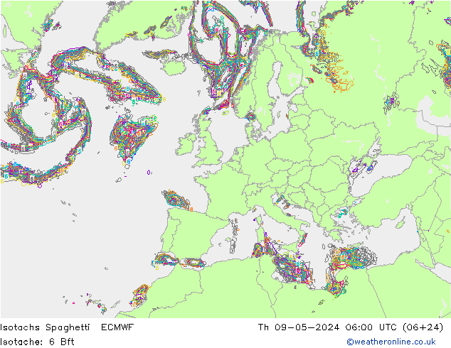 Isotachs Spaghetti ECMWF Čt 09.05.2024 06 UTC