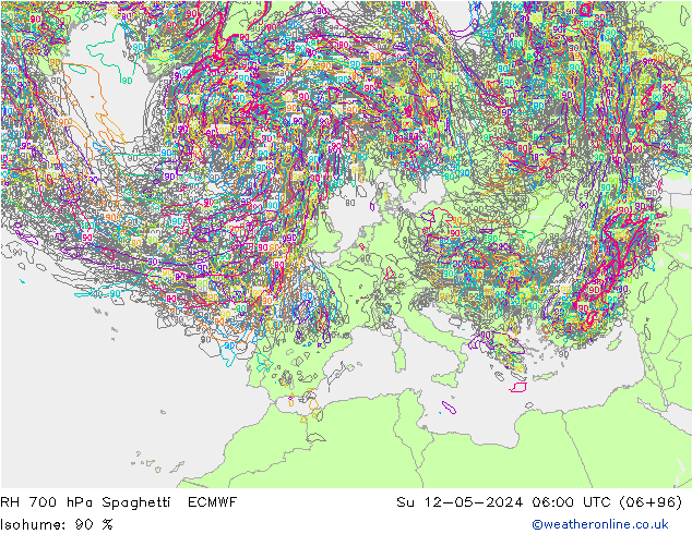 RH 700 hPa Spaghetti ECMWF Su 12.05.2024 06 UTC