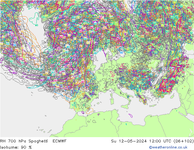RH 700 hPa Spaghetti ECMWF Ne 12.05.2024 12 UTC
