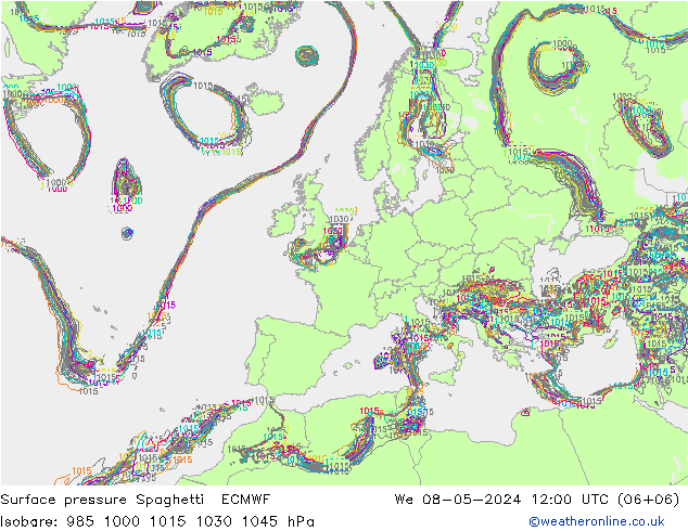 Surface pressure Spaghetti ECMWF We 08.05.2024 12 UTC