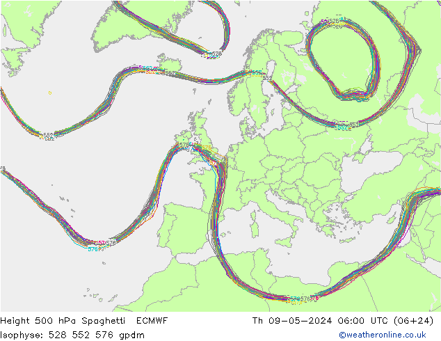 Height 500 hPa Spaghetti ECMWF Th 09.05.2024 06 UTC