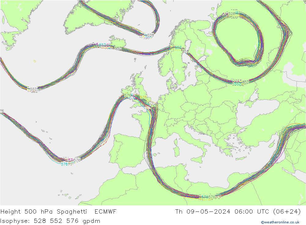 Height 500 hPa Spaghetti ECMWF Do 09.05.2024 06 UTC