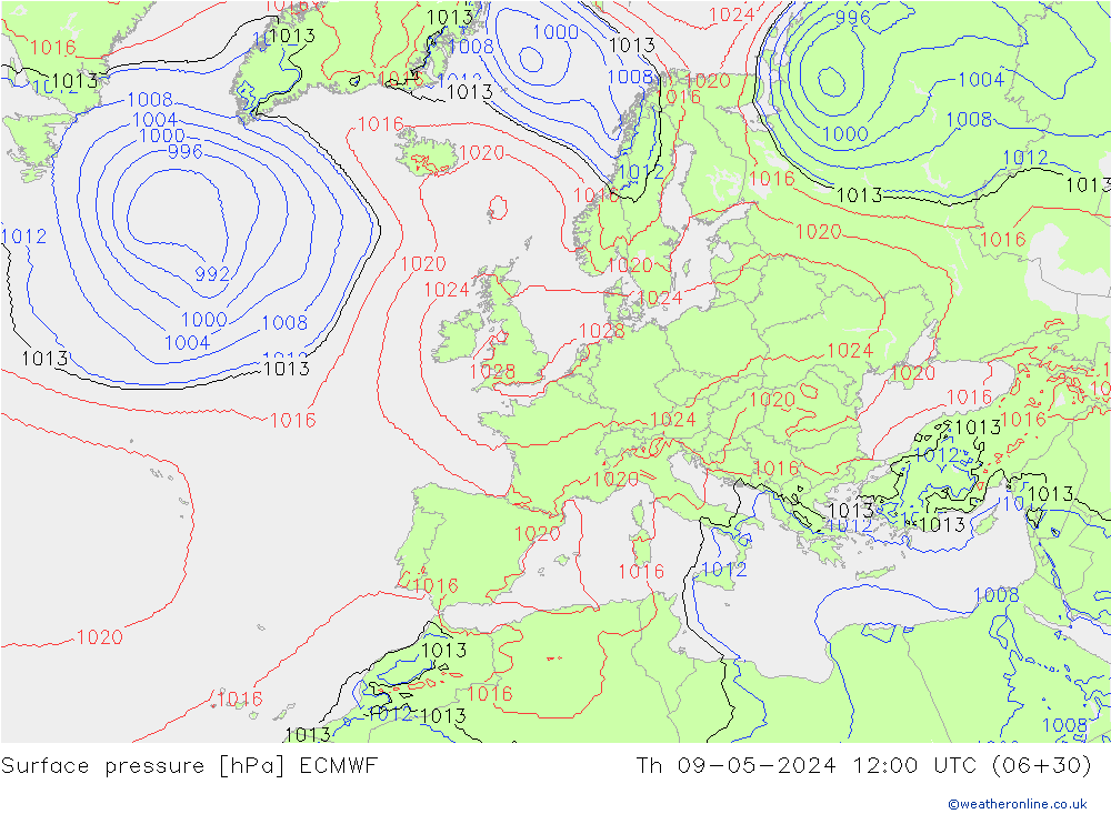 Presión superficial ECMWF jue 09.05.2024 12 UTC