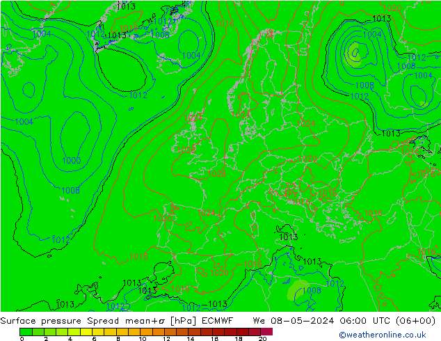 地面气压 Spread ECMWF 星期三 08.05.2024 06 UTC