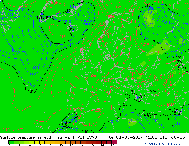 Surface pressure Spread ECMWF We 08.05.2024 12 UTC