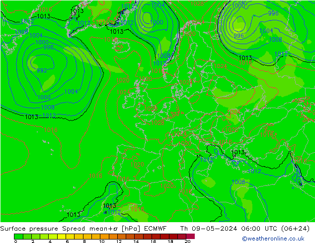 Surface pressure Spread ECMWF Th 09.05.2024 06 UTC