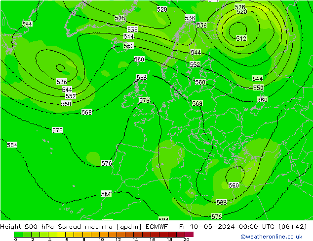 Hoogte 500 hPa Spread ECMWF vr 10.05.2024 00 UTC