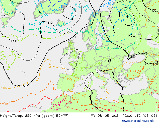 Hoogte/Temp. 850 hPa ECMWF wo 08.05.2024 12 UTC