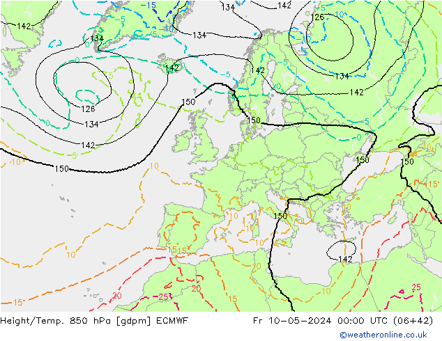 Hoogte/Temp. 850 hPa ECMWF vr 10.05.2024 00 UTC