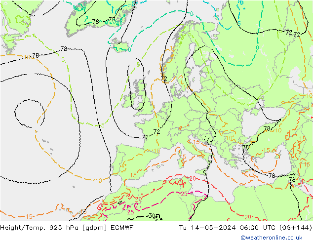 Height/Temp. 925 hPa ECMWF Tu 14.05.2024 06 UTC