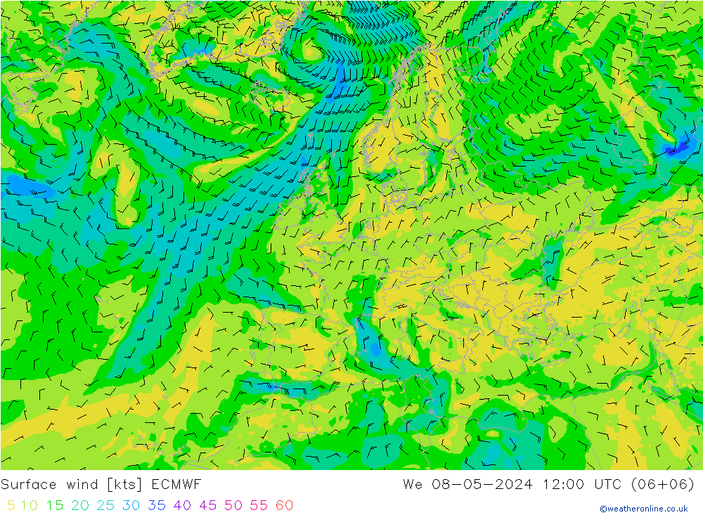 Surface wind ECMWF We 08.05.2024 12 UTC