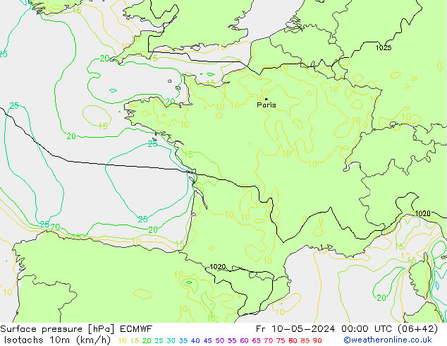 Isotachs (kph) ECMWF Sex 10.05.2024 00 UTC