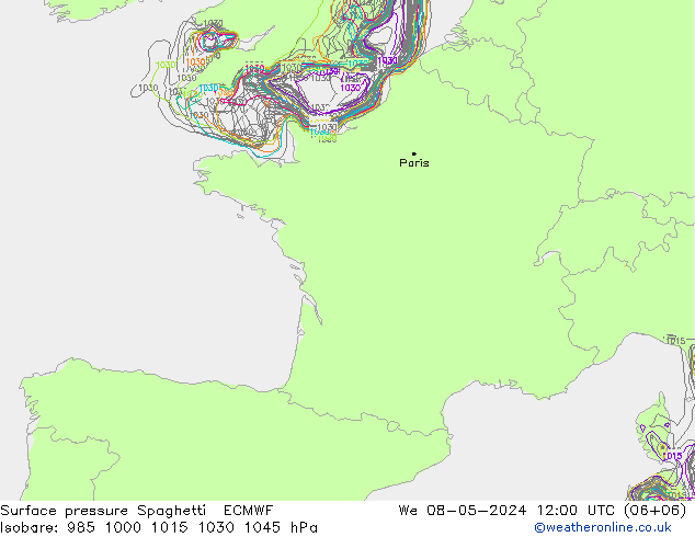 Pressione al suolo Spaghetti ECMWF mer 08.05.2024 12 UTC