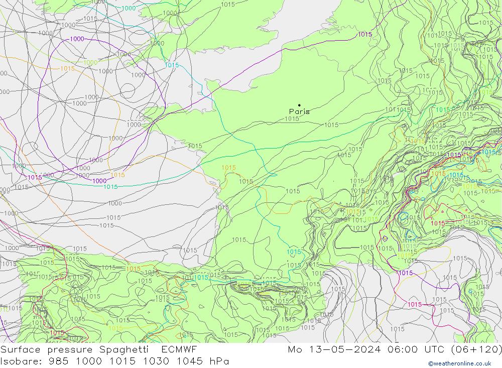 pressão do solo Spaghetti ECMWF Seg 13.05.2024 06 UTC