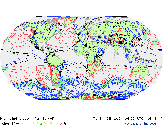 High wind areas ECMWF вт 14.05.2024 06 UTC