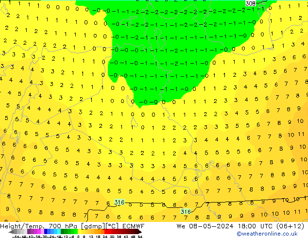 Yükseklik/Sıc. 700 hPa ECMWF Çar 08.05.2024 18 UTC