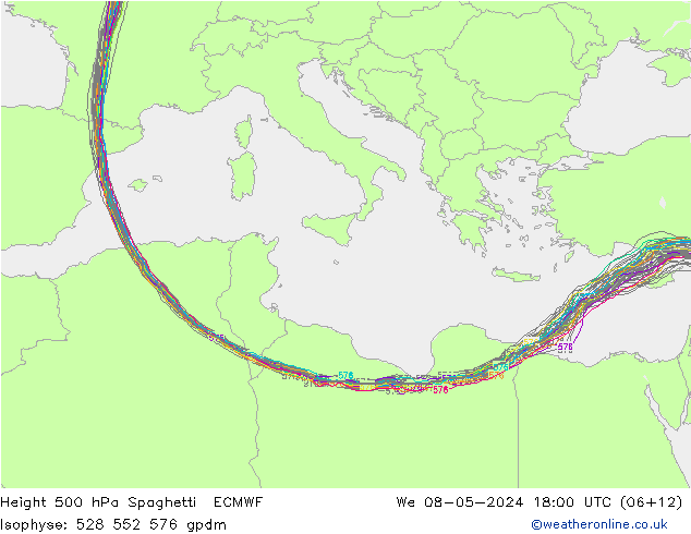 Height 500 hPa Spaghetti ECMWF mer 08.05.2024 18 UTC