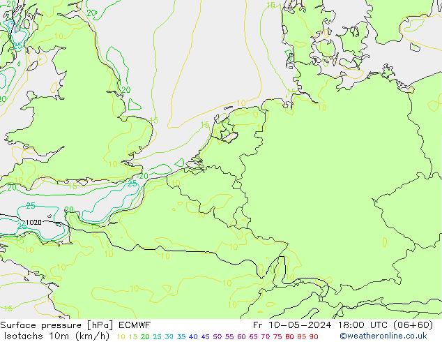 Isotachen (km/h) ECMWF Fr 10.05.2024 18 UTC