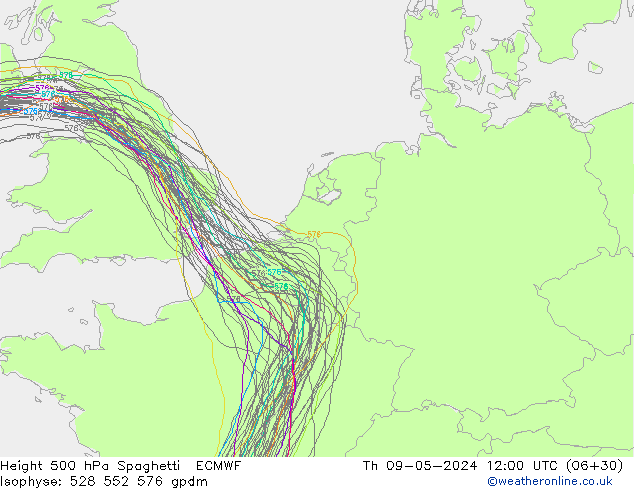 Height 500 hPa Spaghetti ECMWF Čt 09.05.2024 12 UTC