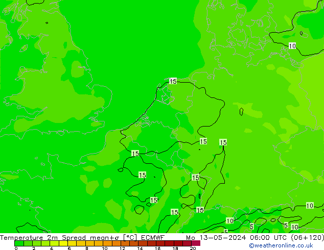 Temperatura 2m Spread ECMWF Seg 13.05.2024 06 UTC