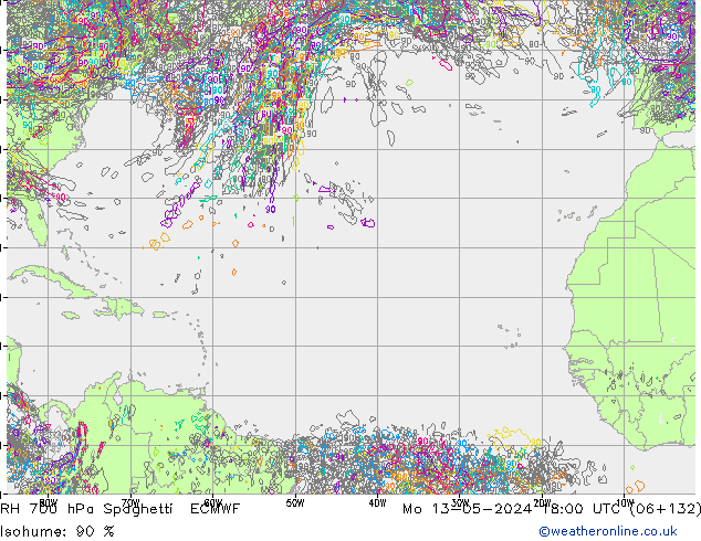 RH 700 hPa Spaghetti ECMWF pon. 13.05.2024 18 UTC