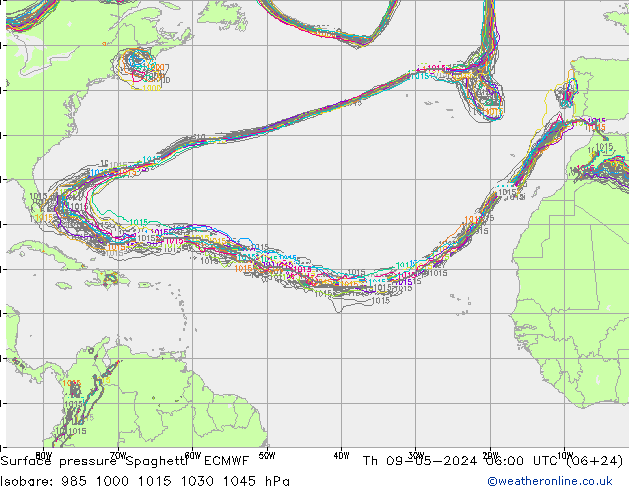 pressão do solo Spaghetti ECMWF Qui 09.05.2024 06 UTC