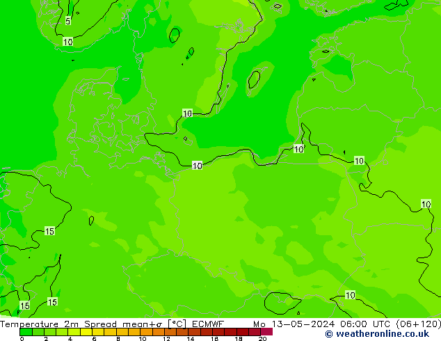 Temperatuurkaart Spread ECMWF ma 13.05.2024 06 UTC