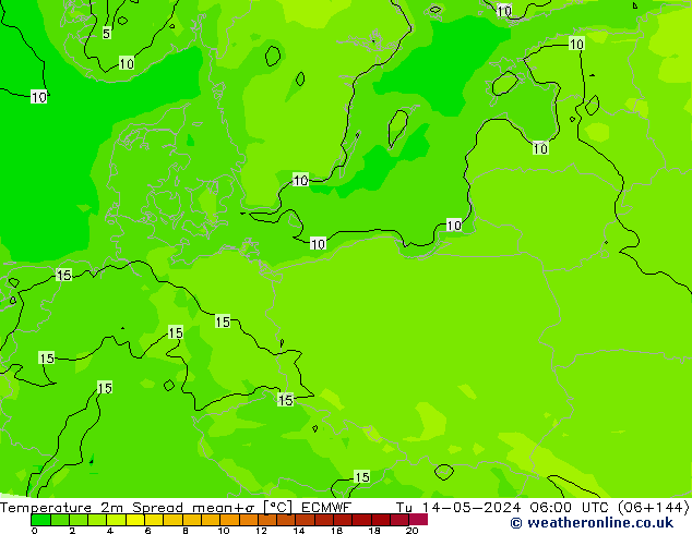 Temperature 2m Spread ECMWF Út 14.05.2024 06 UTC