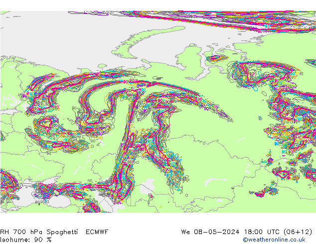 RH 700 гПа Spaghetti ECMWF ср 08.05.2024 18 UTC