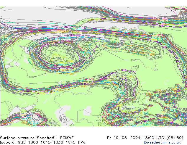 Surface pressure Spaghetti ECMWF Fr 10.05.2024 18 UTC