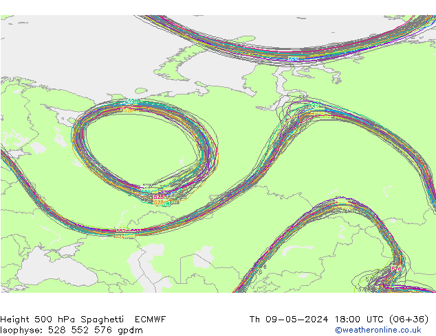 Height 500 hPa Spaghetti ECMWF Th 09.05.2024 18 UTC
