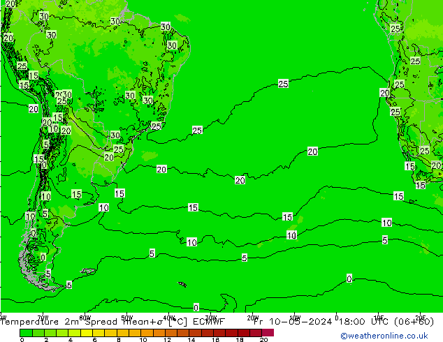Temperatuurkaart Spread ECMWF vr 10.05.2024 18 UTC